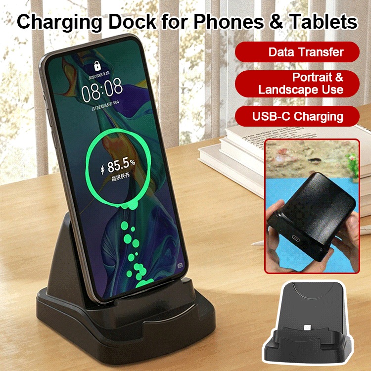📱📱 Desktop mobile phone charging dock/stand; connects to a computer for data transfer and charging.