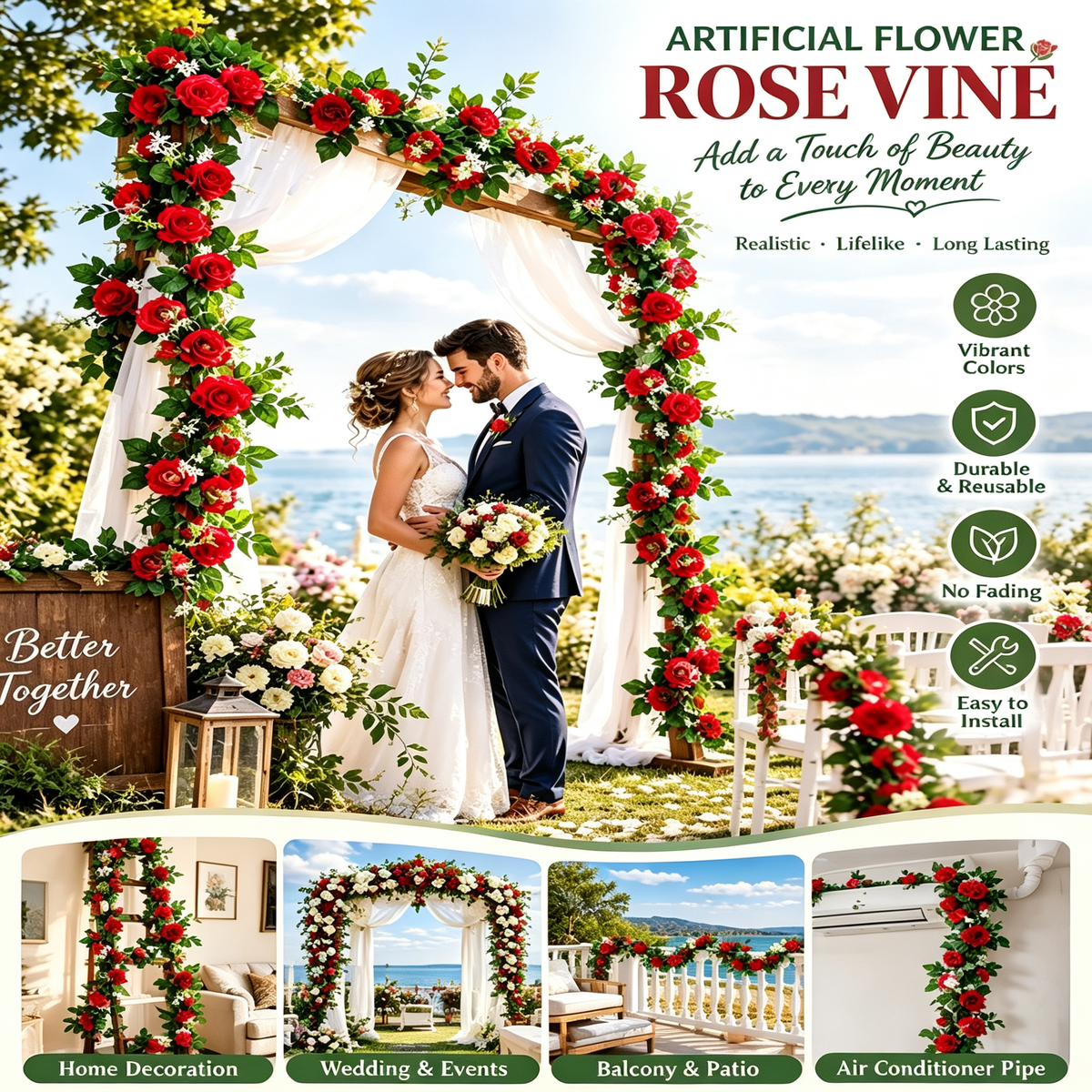 🌹🌹 Artificial rose flowers and vines—perfect for wrapping around A/C pipes, wedding arches, or holiday displays.