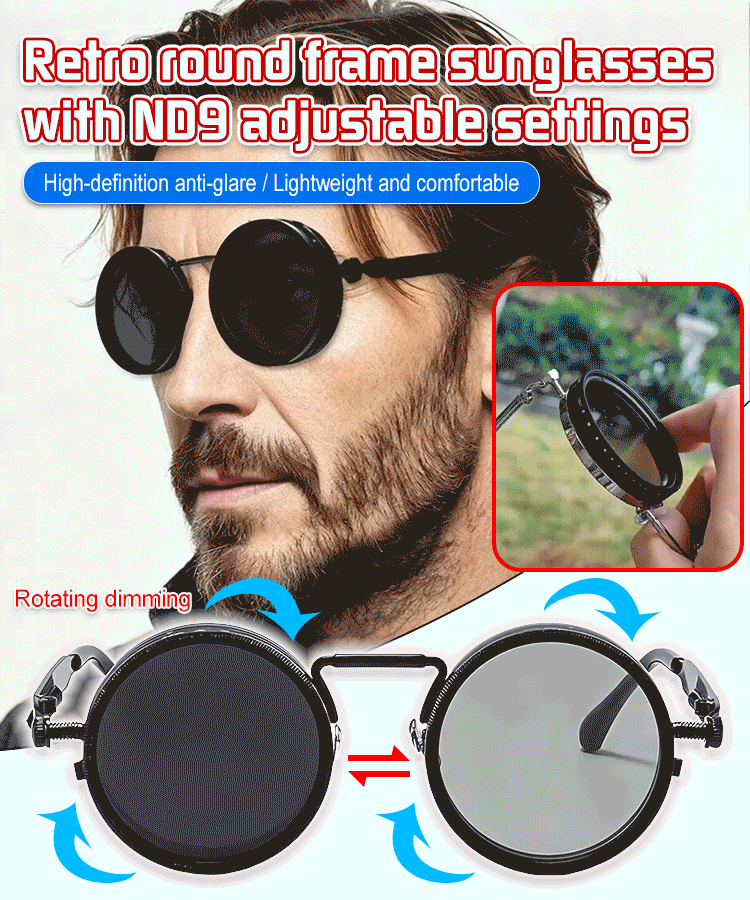 🕶️🕶️ Retro round frame sunglasses with 9 adjustable light levels, suitable for day and night use while driving, fishing, and outdoors.