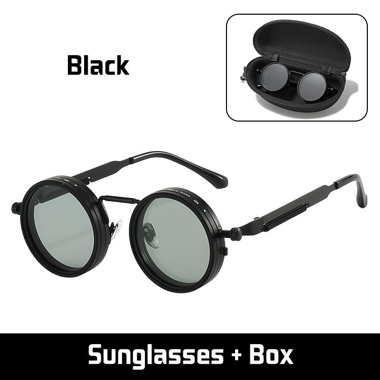 🕶️🕶️ Retro round frame sunglasses with 9 adjustable light levels, suitable for day and night use while driving, fishing, and outdoors.