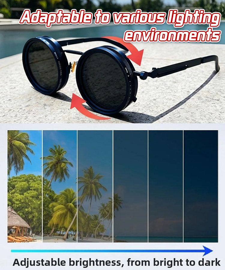 🕶️🕶️ Retro round frame sunglasses with 9 adjustable light levels, suitable for day and night use while driving, fishing, and outdoors.
