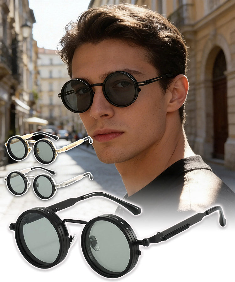 🕶️🕶️ Retro round frame sunglasses with 9 adjustable light levels, suitable for day and night use while driving, fishing, and outdoors.