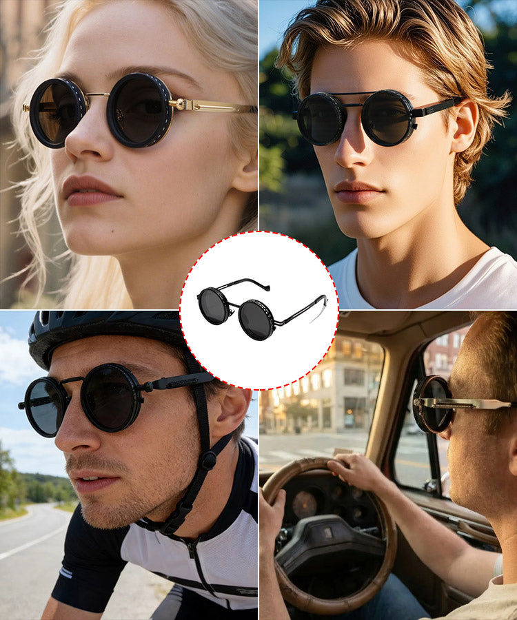 🕶️🕶️ Retro round frame sunglasses with 9 adjustable light levels, suitable for day and night use while driving, fishing, and outdoors.