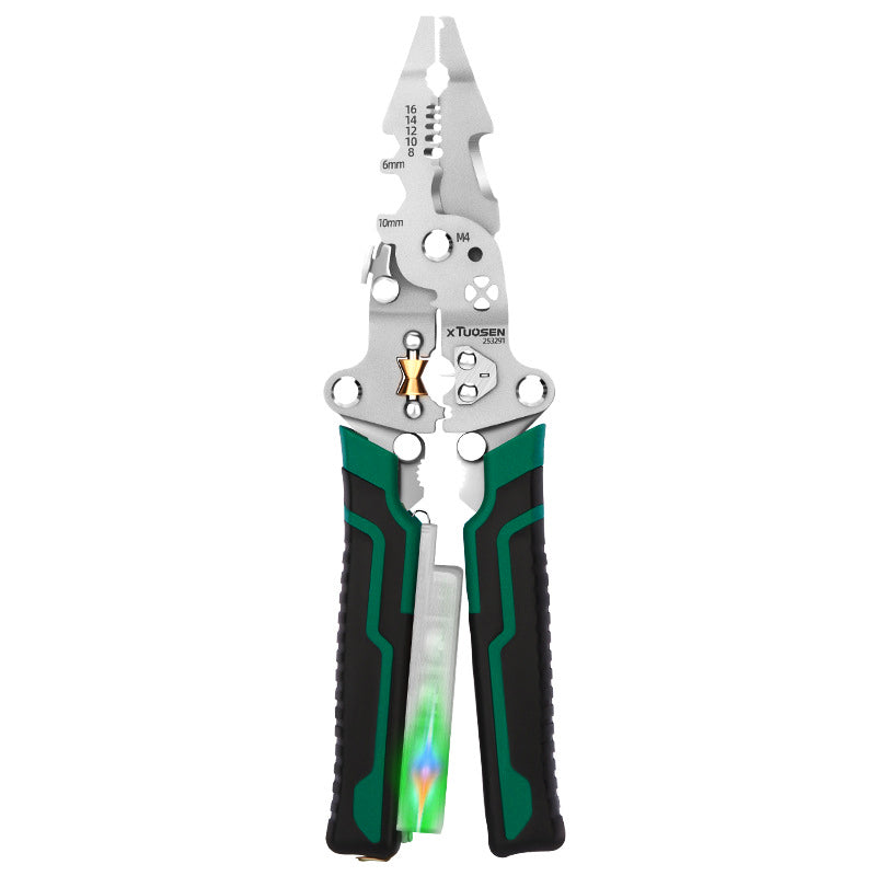 🧰⚒️ Multifunctional household wire strippers—a foldable, electrician-grade tool featuring a built-in voltage tester.